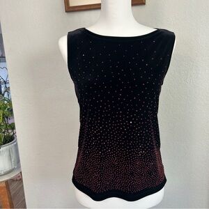Vintage black velvet I.N. Studio tank top with red beading detail and sparkle